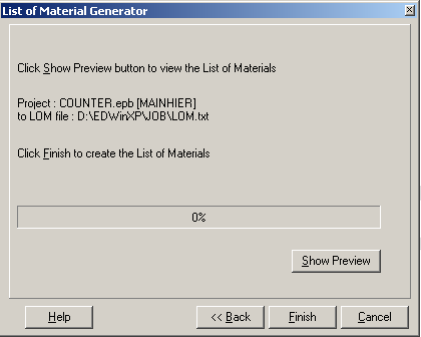 List of materials preview window